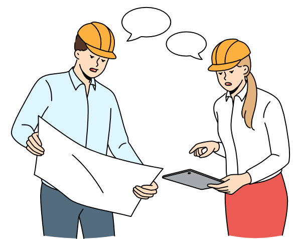 Picto d'un homme et une femme sur un chantier avec casques qui discutent en regardant un plan, prestations Arnaudcom à Gournay-en-Bray, création de sites internet, communication et formations