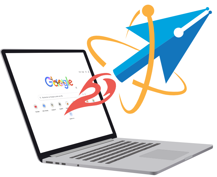 Flèche des logiciels de PAO transformée en fusée entourée d'un élément comme Internet Explorer qui décolle d'un ordinateur sur page moteur de recherche Google, Logotype Arnaudcom Webdesign et Infographie Gournay-en-Bray , création de sites web et communication